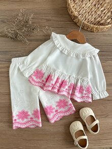 SHEIN Playful Pals 女嬰可愛娃娃風大領口前開扣刺繡下擺鬆緊腰刺繡袖口長袖長褲套裝，春秋款 - 粉色 - 查看 2