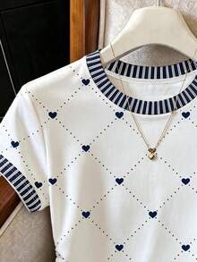 Rafferiza 女款 T-shirt 夏季外出上衣 收腰設計 全心印花圖案 白色 休閒日常百搭 - 彩色 - 查看 4