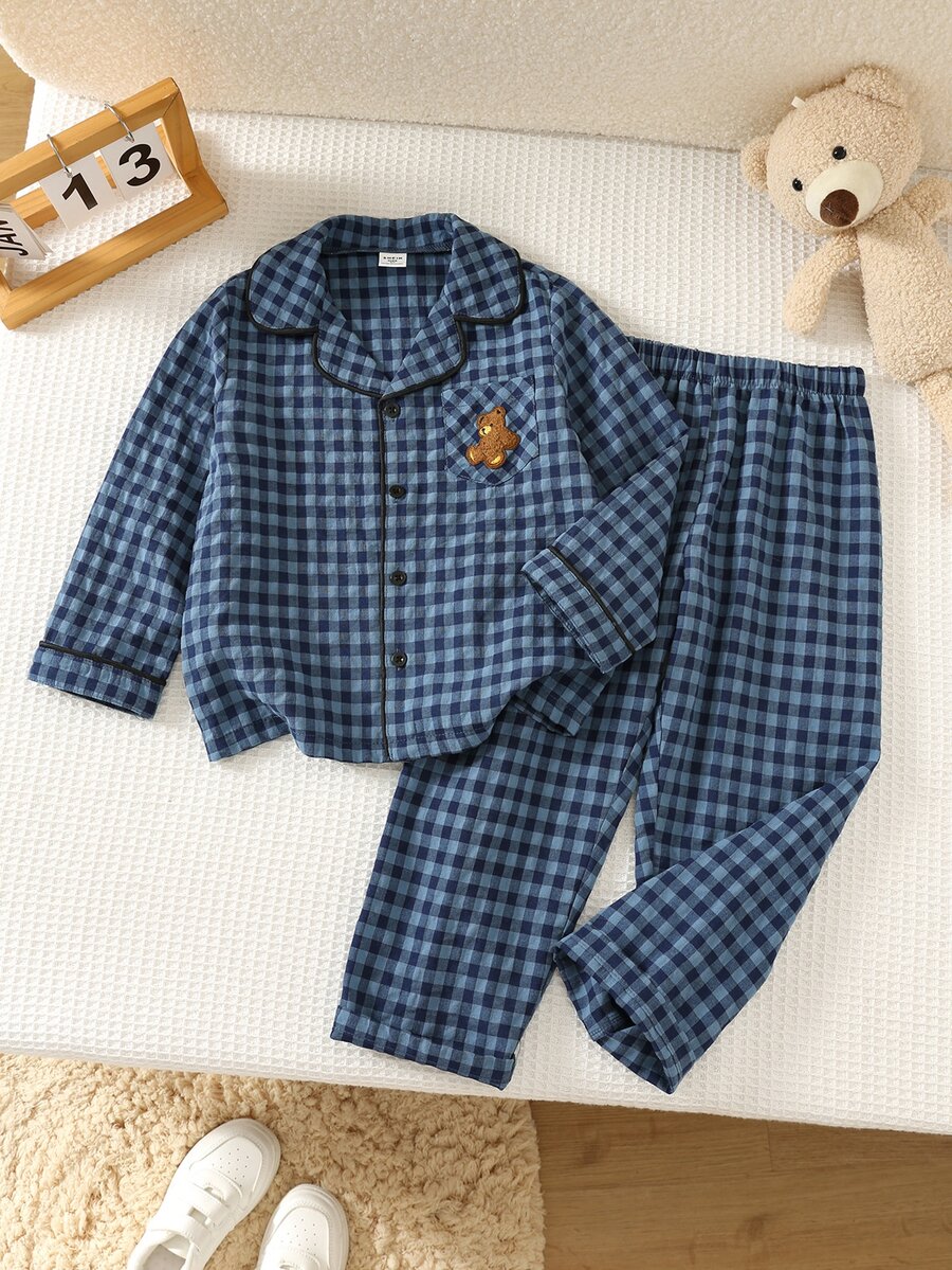 SHEIN 休閒舒適刺繡熊拼接翻領長袖居家服套裝 - 彩色 - 查看 1