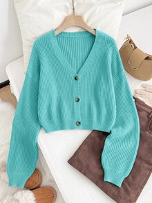 SHEIN EZwear 大尺碼鈕扣長袖時尚開襟針織衫 - 水鴨藍 - 查看 5