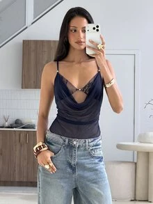 Aloruh 女款蕾絲拼接百褶性感百搭細肩帶背心 - 藏蓝色 - 查看 5