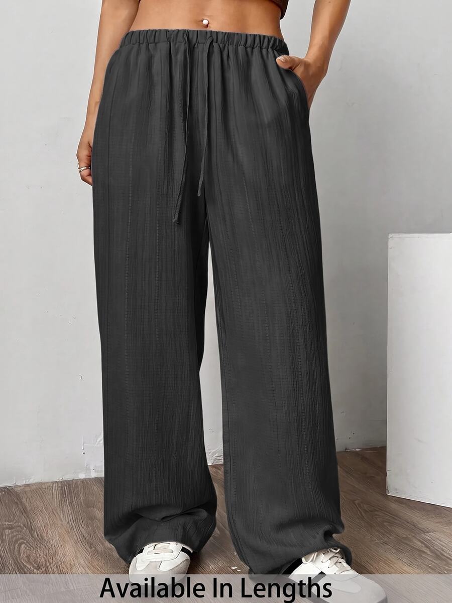 SHEIN PETITE CURVE Women's Apricot Wide-Leg Woven Pants, Plus Size And Loose Fit - Dark Grey - View 1