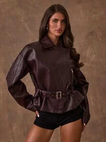 SHEIN BAE Jaket Kulit PU Wanita Warna Polos dengan Bahu Longgar, Lengan Panjang, dan Resleting Depan - Burgundy - View 1