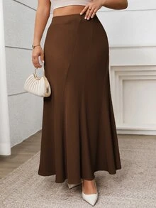 Vionelle 大尺碼女款優雅休閒通勤度假純色不對稱開衩A字中長裙，春夏款 - 鏽棕色 - 查看 4