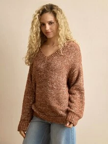 MOTF PREMIUM WOMEN'S LOOSE KNIT PULLOVER SWEATER WITH METALLIC YARN, AUTUMN/WINTER - Camel - View 5