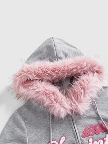 ROMWE Autumn/Winter Y2K Applique Embroidered Fur Collar Casual Women's Sweatshirt - Grey - View 3
