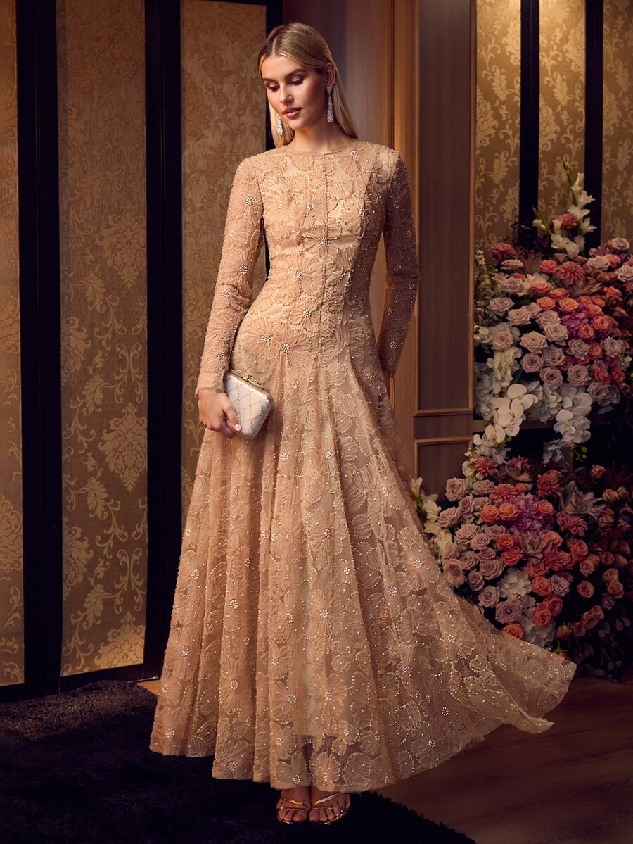 MOTF Soiréza ELEGANT WOMEN ROUND NECK LONG SLEEVE 3D FLORAL BEADED EMBROIDERY MAXI GOWN FOR FORMAL EVENING PARTY - Champagne - View 1