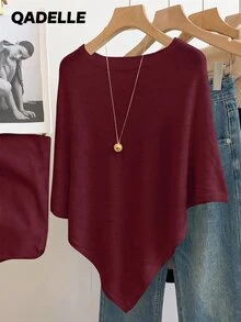 SHEIN New Spring Summer Coastal Minimal Asymmetric Knit Poncho Women Boat Neck Triangle Hem Resort Layering - Burgundy - View 7