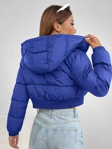 SHEIN PETITE 女款舒適冬季長袖短版連帽外套 - 藍色 - 查看 2
