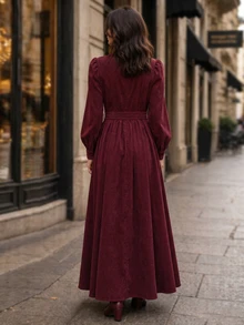 Balvessa Women's Elegant Commuter Front Button Long Dress, Autumn/Winter - Burgundy - View 2