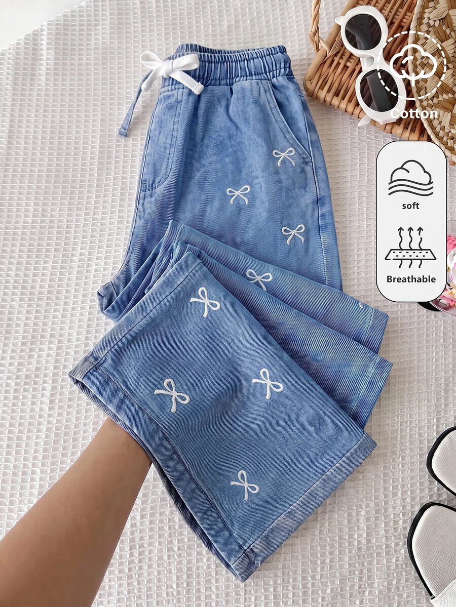 SHEIN 青少年女孩蝴蝶結刺繡圖案藍色牛仔寬鬆長褲 - 藍色 - 查看 1