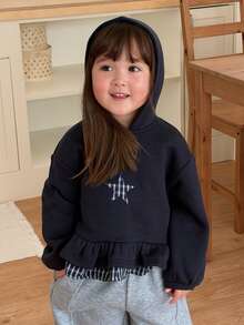 DAZY Sweatshirt Lengan Panjang Gaya Korea Motif Bintang Lima Berkerudung untuk Bayi Perempuan, Cocok untuk Musim Gugur/Dingin - Navy Blue - View 7