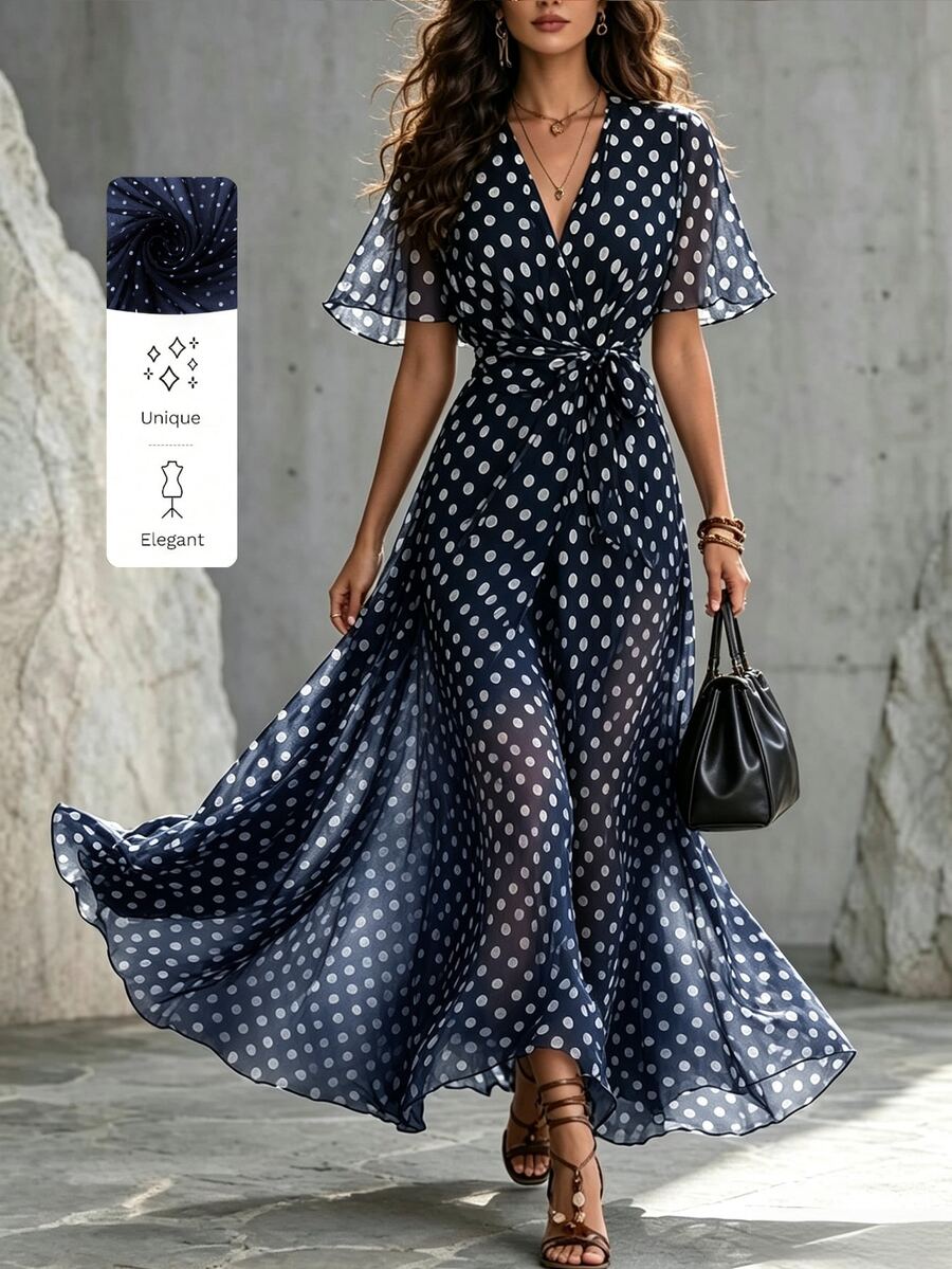 SHEIN 女款波點印花重疊V領短袖優雅長洋裝 - 藍色 - 查看 1