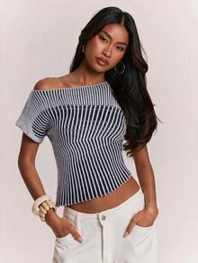 SHEIN BAE Women's Fashion Colorblock Asymmetrical Hem Knit Top - Black - View 1