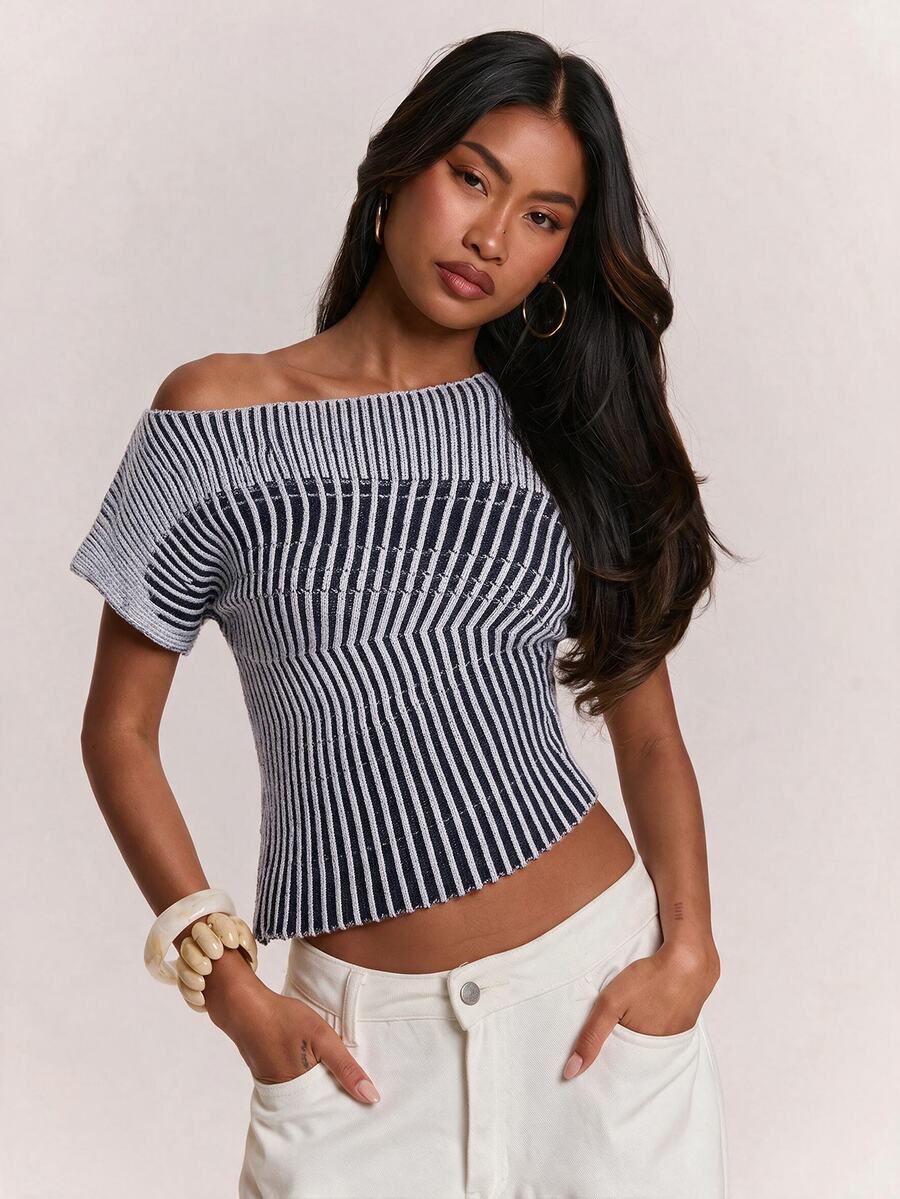 SHEIN BAE Women's Fashion Colorblock Asymmetrical Hem Knit Top - Black - View 1