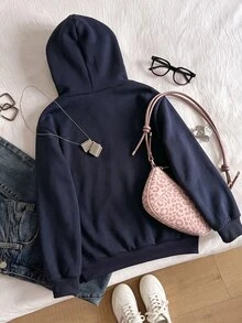 SHEIN 大女孩皇家藍可愛臘腸狗圖案印花套頭運動衫，條紋內裡長袖休閒衛衣 - 寶藍色 - 查看 2