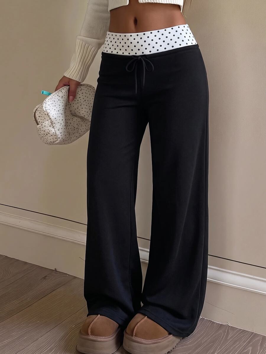 SHEIN Teen Girl Teen Girls Grey Knit Drawstring Casual Long Pants - Black and White - View 1