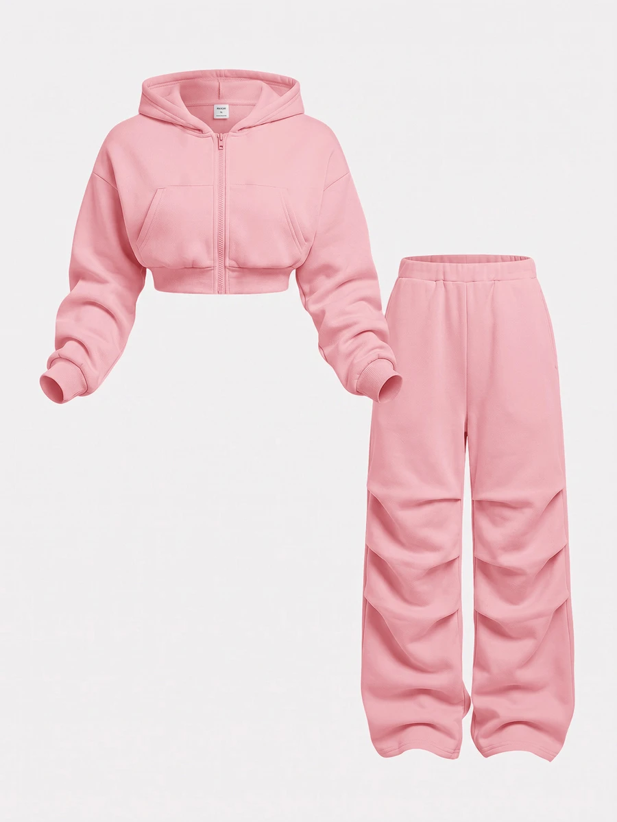 SHEIN Girlism 兒童青少年女孩休閒針織極簡連帽衛衣與運動長褲套裝 - 粉色 - 查看 1