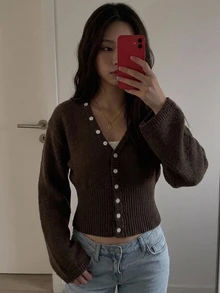 Livesso Cardigan Rajut Kabel Lengan Panjang Slim Fit Warna Cokelat Kopi untuk Wanita Musim Gugur/Dingin - Coffee Brown - View 3
