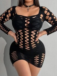 Whyspr Women's Plus Size Sexy Gothic Goth Hollow Out Fitted Mini Dress Halloween Rave Night Black Autumn Fall Night Out Club - Black - View 3