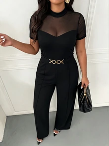 Femmeverse Plus Size Women's Fashion Elegant Round Neck Mesh Patchwork Short Sleeve, Waist Metal Buckle Decor Straight Leg Solid Color Jumpsuit, Suitable For Spring And Summer - Black - View 3