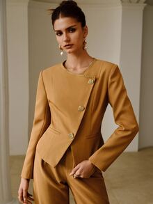 ZEYLAH Elegant Commuter Waist-Cinching Asymmetrical Front Short Blazer - Camel - View 6