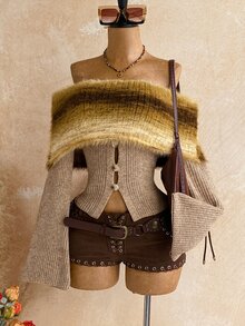 Soleia Suéter de moda retro con degradado, patchwork, hombros descubiertos y mangas acampanadas - Albaricoque - Ver 7