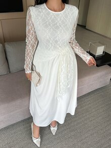 Dazy Plus Autumn Lace Patchwork Elegant Evening Dress, Early Autumn New Slimming Body-Flattering Dress - Apricot - View 7