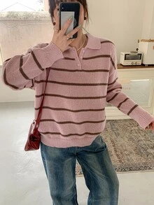 Dazy Plus Sweater Pullover Longgar Kasual dengan Motif Patchwork Blok Warna untuk Musim Gugur/Dingin - Berwarna merah muda - View 4