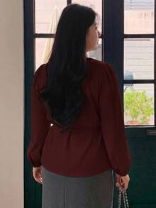 Dazy Plus Korean Style Red Office Wear Tie-Neck Round Collar Petal Sleeve Commuter Blouse - Burgundy - View 2