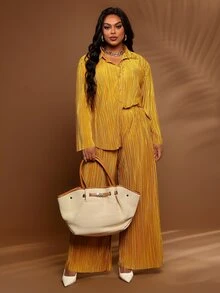 BrightlyHer Plus Size Solid Textured Lapel Long Sleeve Button Front Shirt And Pants Two Pieces Set Fall Winter 2026 - Yellow - View 3