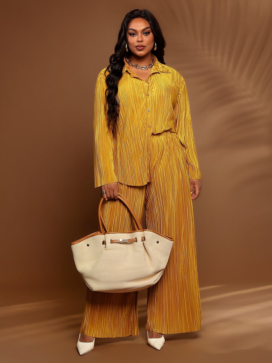 BrightlyHer Plus Size Yellow Button Front Textured Pocket Lapel Collar Long Sleeve Two Pieces Set Fall Winter 2026 - Yellow - View 1