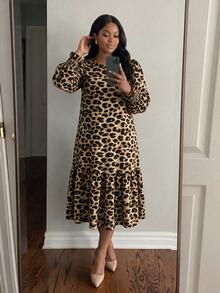 SHEIN Lady CURVE Plus Size Fashion Sexy Leopard Print Ruffle Hem Dress Work Outfits For Women - Multicolor - View 3