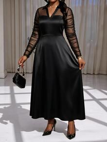 SHEIN Lady CURVE فستان أنيق للنساء بمقاسات كبيرة مع أكمام طويلة وياقة وشبكة متباينة - الأسود - مشاهدة 4