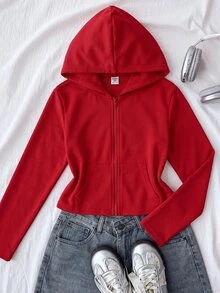 Tween Girl Autumn/Winter New Light Gray Zip-Up Knit Sweatshirt - Red - View 3