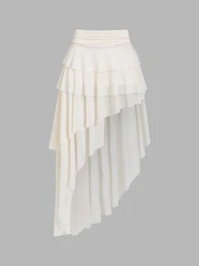 Sweetra Women's Apricot Vacation Casual Pleated Ruched Waist Asymmetrical Hem Mesh Skirt - Apricot - View 4