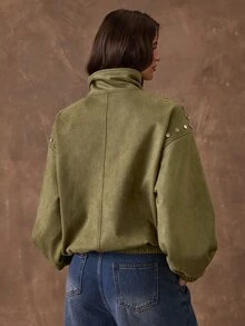 SHEIN BAE Women's Casual Stud Decor Jacket, Autumn - Army Green - View 2