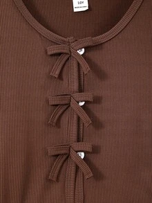 SHEIN Casuvi Kids Tween Girls Fall Autumn Rib Knit Bow Cardigan & Floral Border Cami Dress Set - Mocha Brown - View 5