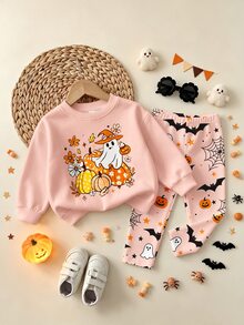 Oo Cute To Spook 幼童女童萬聖節套裝，可愛幽靈與南瓜印花衛衣及蜘蛛網圖案內搭褲套組 (2件裝)，秋季服飾系列 - 彩色 - 查看 3