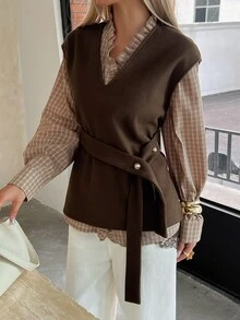 DAZY Fall/ V-Neck Sleeveless Dark Brown Side Belt Metal Buckle Decor Layered Loose Casual Commute Office Business Women's Wool Vest Winter - Brown - View 1