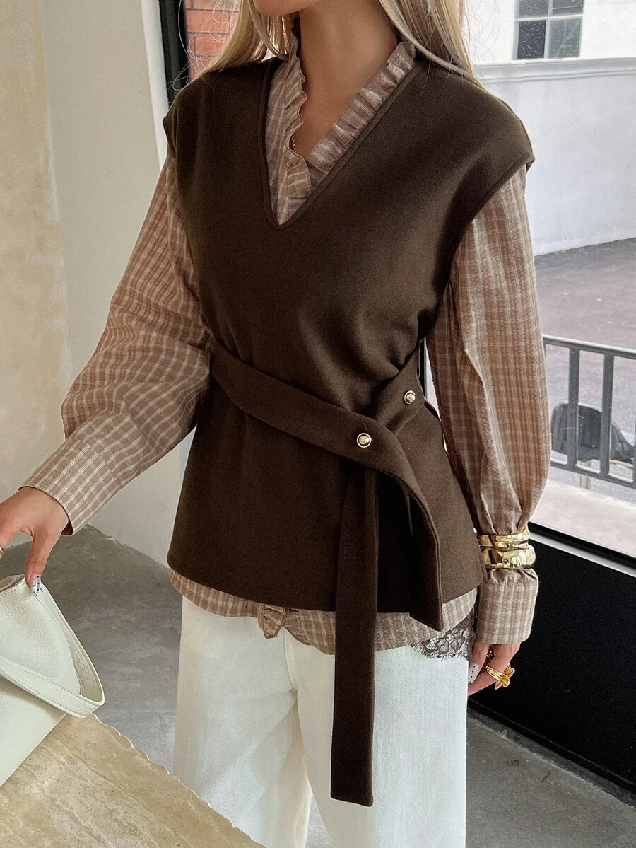 DAZY Fall/ V-Neck Sleeveless Dark Brown Side Belt Metal Buckle Decor Layered Loose Casual Commute Office Business Women's Wool Vest Winter - Brown - View 1