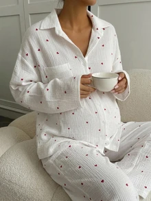 Dazy Maternity Contrast Color Heart Print Loose Long Sleeve Shirt & Straight Leg Pants Casual Daily Home Wear Spring Autumn Maternity 2 Pieces Set - White - View 3