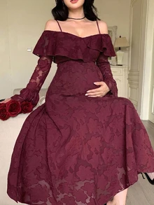 DAZY Solid Color Loose Lace Long Sleeve Off-Shoulder Umbrella Skirt Elegant Vacation Spring/Autumn Maternity Dress - Red - View 4