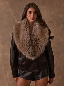 SHEIN BAE Women's Loose Short Faux Leather Motorcycle Jacket With Fur Collar, Faux Fur Lining, Thickened - Black - View 6