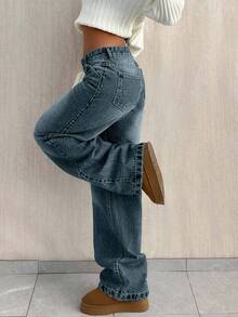 SHEIN Tall Women Dark Blue Washed Wide Leg Casual Jeans Tall - Dark Wash - View 8