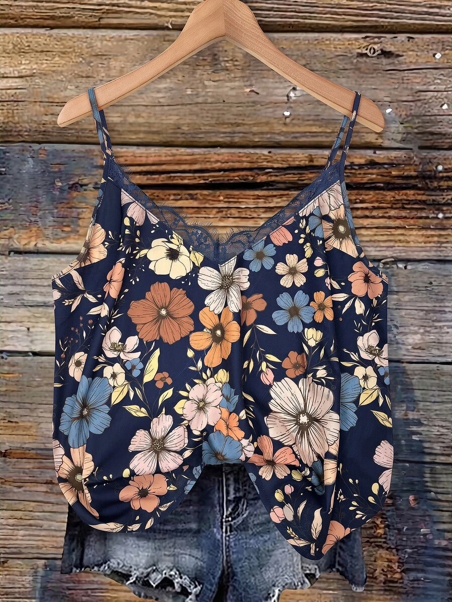 SHEIN VCAY 大尺碼 V 領蕾絲拼接海軍藍底彩色花卉印花細肩帶背心,優雅度假約會派對時尚 - 彩色 - 查看 1