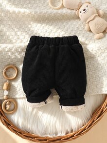SHEIN 新生兒幼兒男嬰燈芯絨長褲，可愛優雅黑色奶油色，毛茸茸抓絨內裡加厚基礎款，戶外冬季秋冬保暖毛絨內裡 - 黑色 - 查看 7
