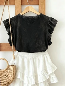 SHEIN Lace Trim Craft Style Fashionable Minimalist Women's Ruffle Sleeve T-Shirt, Gift For Friends - Black - View 2