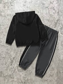小男孩 2件/套 字母星星圖案拼色連帽拉鍊外套與運動長褲套裝，幼兒男孩運動休閒套裝，秋季穿搭，秋季服飾 - 黑色 - 查看 2