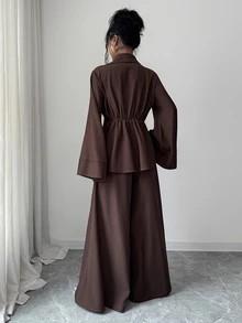 Elenzga Elegant Commute Bell Sleeve Waist-Cinching Blazer & Wide Leg Pants Suit Set - Brown - View 2